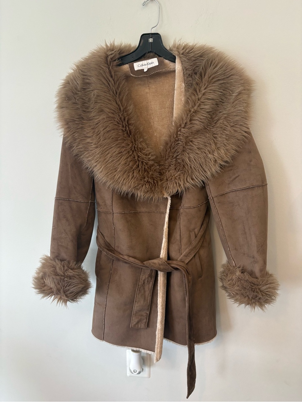 Calvin Klein penny lane faux suede brown long belted coat large